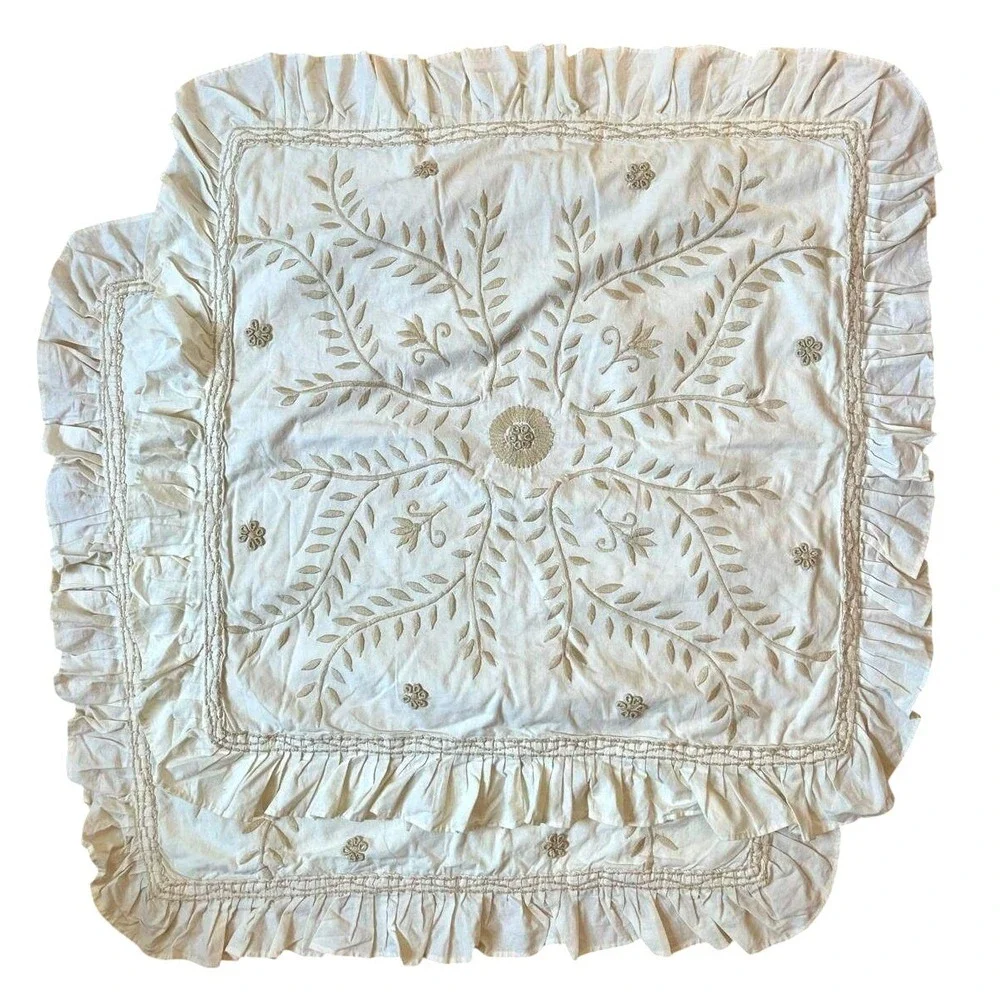 Pottery Barn Euro Pillow Shams Pair Cream Cotton Embroidered Ruffle Farmhouse